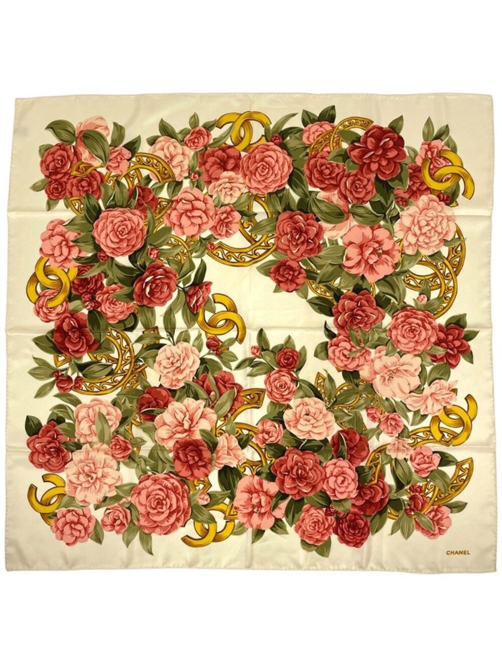 Chanel Scarf CC Logo Camellia Flower Silk Cream Red Multicolor